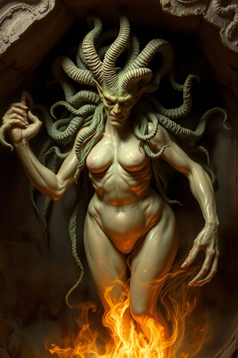 søt som fy Medusa, en god og snill og flink og veldig søt og hårete som en hippie , humanoid skapning fra universet, de regjerer ofte i underjordiske byer . ser på seg selv som overlegne , abyss city, motion blur, painted by Rembrandt