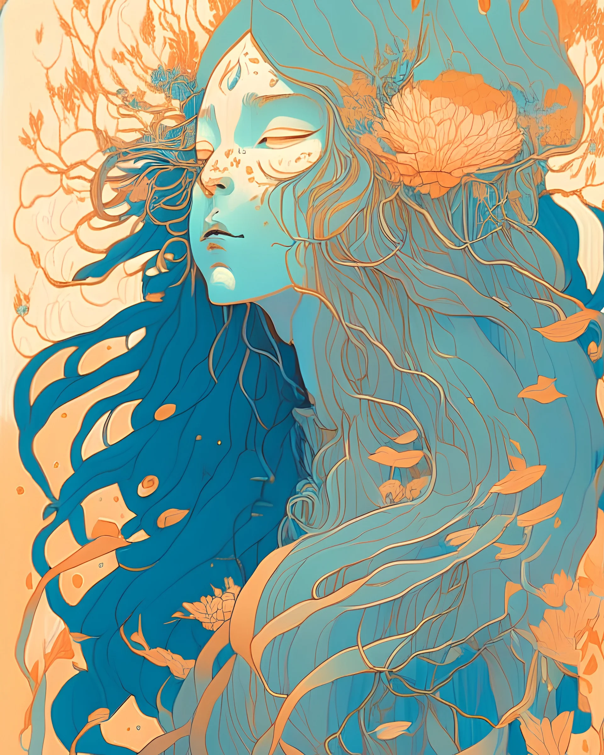 beautiful cute front portrait of an elvish deity, long hair in motion, herbs and blue pastel colors, flowers orange by victo ngai, kilian eng, dynamic lighting, digital art, art by james jean, takato yamamoto, inkpunk minimalism, floating medusa background