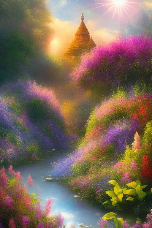 digital illustration, a world full of life divine thrill of biological tranquil sky, flowers, bright color splashes, high detailed 8 k,ufo rainbow