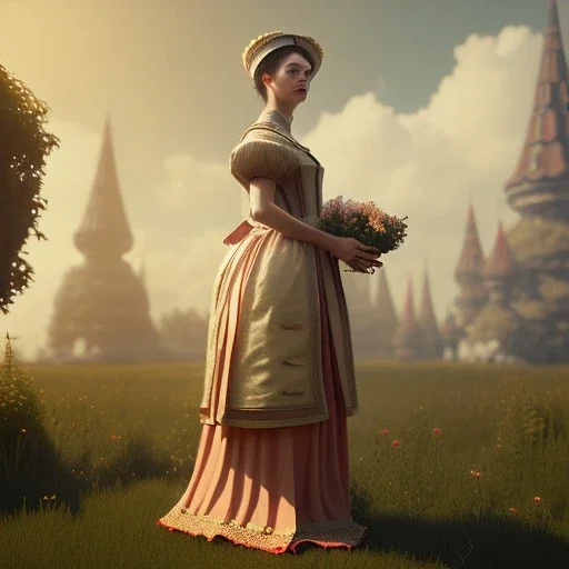 Full body, 3d render, Emma mackey, 1800's women style, 1800'hair style, 1800's women dress style, hyper realistic, octane render, unreal engine 5, 8k, palace background, uhd