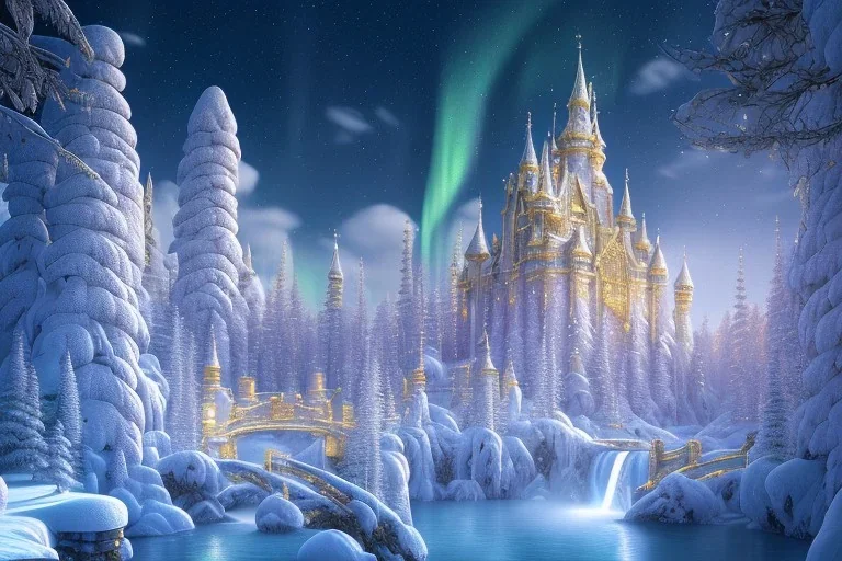  white and gold crystal castle，waterfall, winter snow flakessnow, northern Lights, full of details, smooth, bright sunshine，soft light atmosphere, light effect，vaporwave colorful, concept art, smooth, extremely sharp detail, finely tuned detail, ultra high definition, 8 k, unreal engine 5, ultra sharp focus