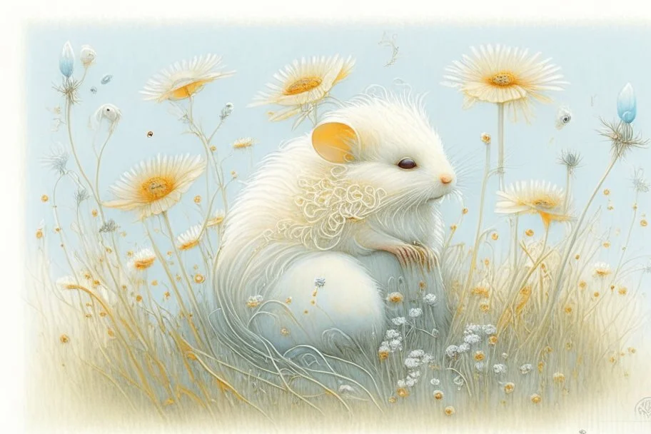 Artist Jean-Baptiste Monge style. A pale orange white little Puschelwuschelkuschel creature on a meadow with pale blue filigree tendrils flowers.