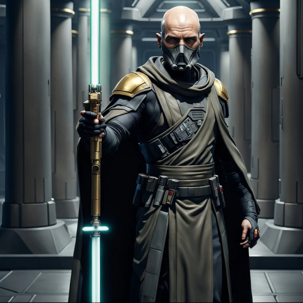 star wars bald male corellian pilot wearing pearlescent black and gunmetal grey First Order special forces heavy assault stealth commando armor and helmet with gold trim inside the jedi temple, hyperdetailed, dynamic lighting, hyperdetailed background, 8k resolution, volumetric lighting, light skin, fully symmetric details