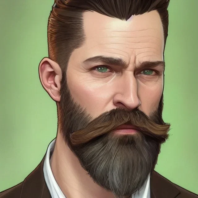 "MIddle aged white human male, with a trimmed but uneven beard, piercing green eyes with slick back hair head and shoulders portrait, 8k resolution concept art portrait by Greg Rutkowski, Artgerm, WLOP, Alphonse Mucha dynamic lighting hyperdetailed intricately detailed Splash art trending on Artstation triadic colors Unreal Engine 5 volumetric lighting Splash art fantasy"