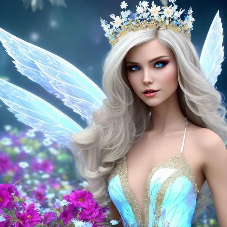 Fantasy fairy with transparent wings, smiling, make up, long platinum blond hair with crown and flowers, blue dress, flowering background