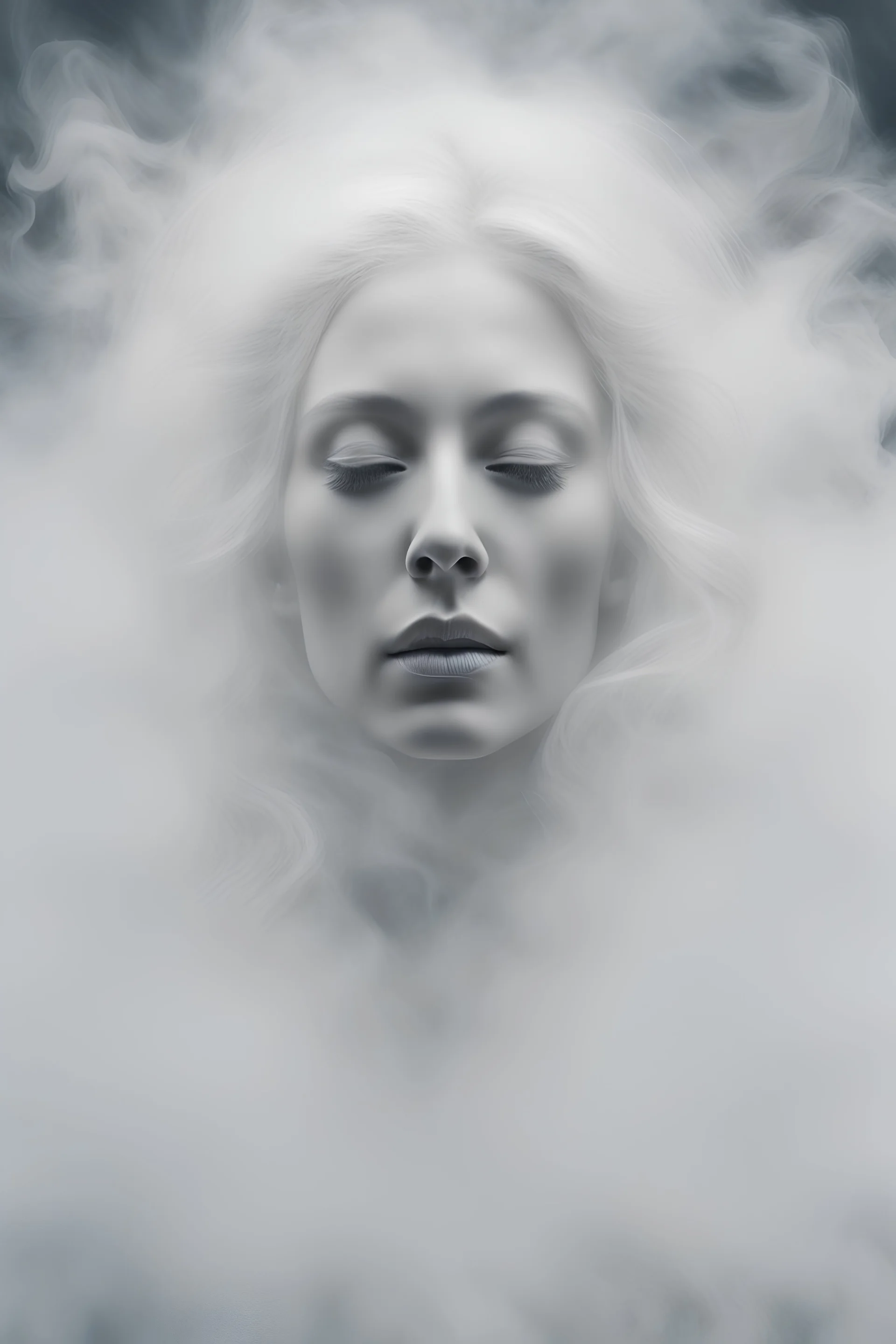 translucent female face barely visible from very dense white smoke and fog, translucent ghost-like face with lots of white hair, lots of fog in the background, surreal style