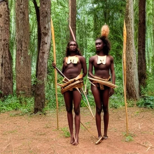 Female twins. Black skin, tall and slender, long afro kinky hair,almond shaped dark brown eyes, warrior wear holding spears. Gold accents on clothing surrounded by trees. Not afraid. Pretty faces