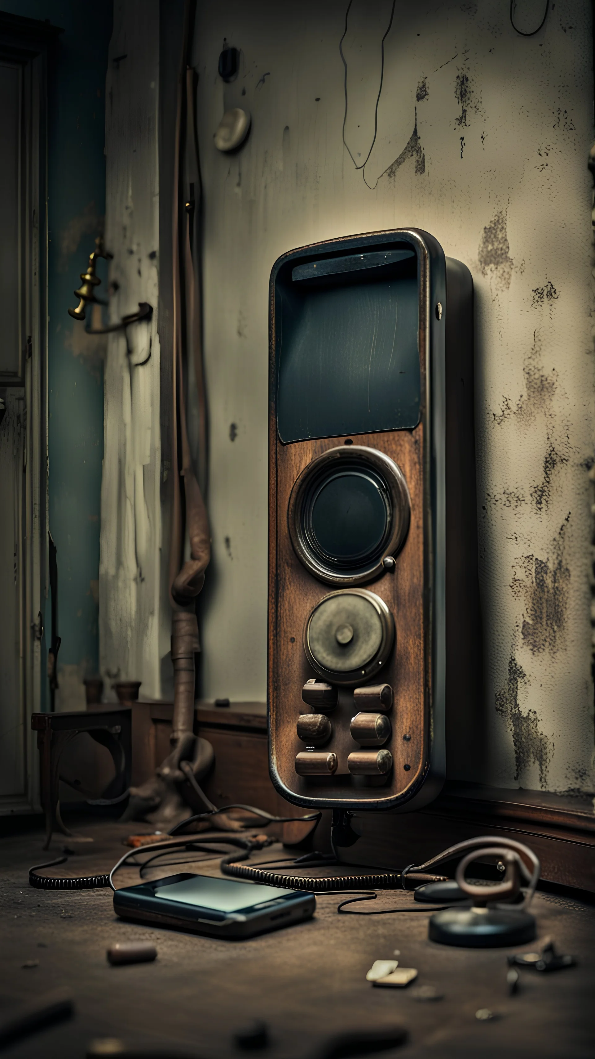 In a creepy old room, there is a phone in the center, the entire frame is focused on it.