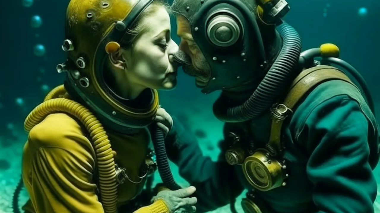 A man and a woman dressed in old diving suits try to kiss underwater.