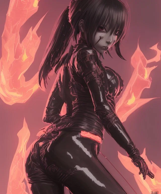 Detailed cute anime Kunoichi female demon looking behind her creepily in a fire, black latex bodysuit, intricate details, full body portrait, keep head in frame, slight smile, black Japanese motif, concept art, highly detailed, digital painting, concept art, sharp focus, illustration, art by Yoji Shinkawa, WLOP and greg rutkowski and alphonse mucha and artgerm and yanjun Chen and Junji ito and Makoto Shinkai, HDR, octane render