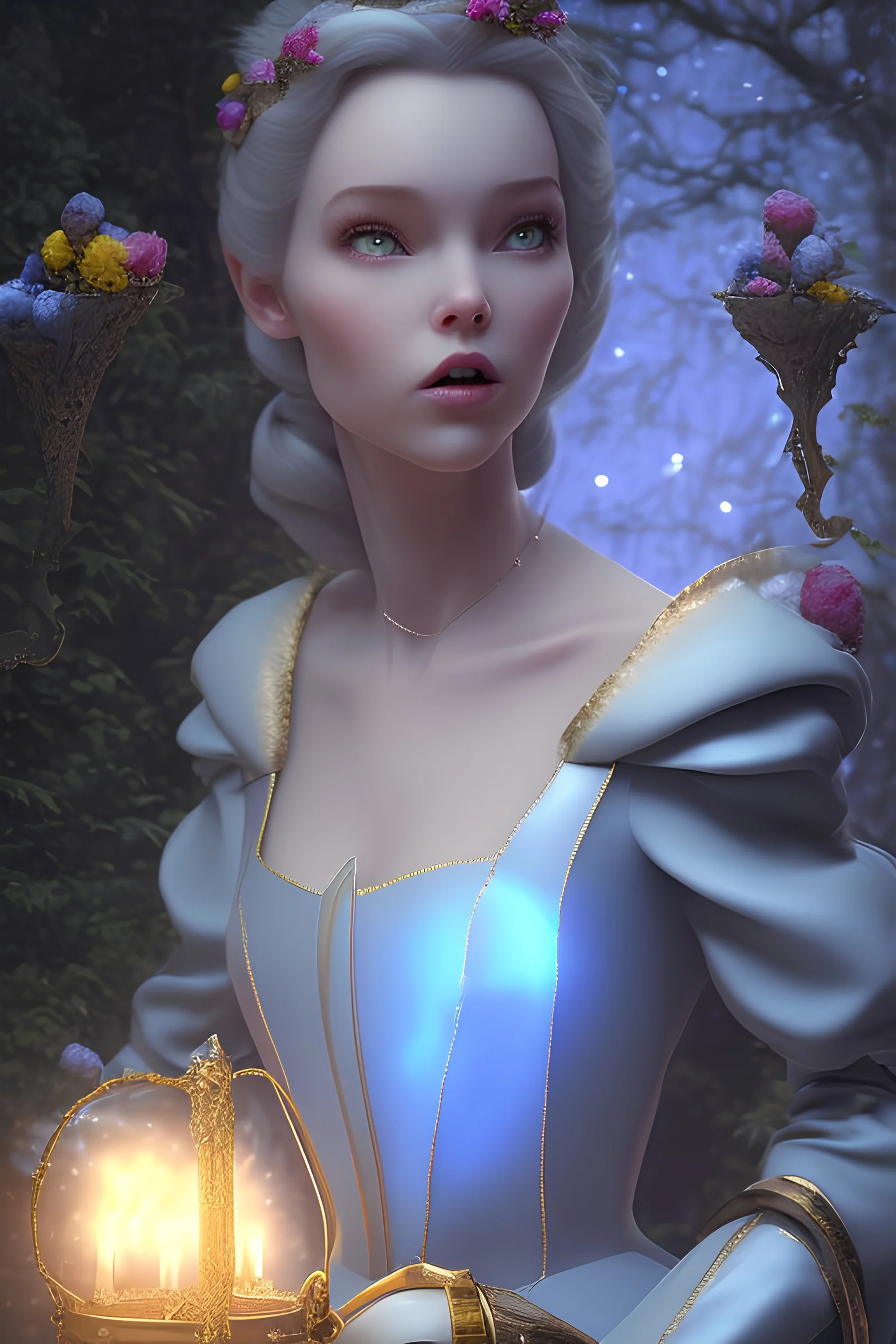 4K Ultra-HD, Hyper realistic, cinematic lighting -- Snow White, short, bowl-cut black hair, blue eyes, Yellow skirt, blue blouse with short poofy sleeves, extremely pail skin, Rose pedals, wild animals, Castle, Full body image -- 4k, stunning, dramatic lighting, dramatic background, cinematic, atmospheric, very detailed, historic, powerful, octane rendering, exquisite detail, 30 - megapixel, 4k, 85 - mm - lens, sharp - focus, intricately - detailed, long exposure time, f8, ISO 100, shutter - s