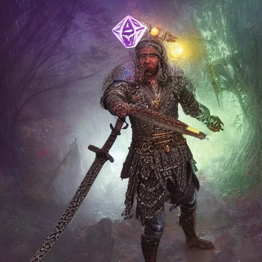 Insanely detailed photograph of a D&D sword sheathed chainmail warrior “male mariachi holding glowing D20” with intricate detailed Sombrero, intricate charo, hyperdetailed painting by Ismail Inceoglu Huang Guangjian and Dan Witz CGSociety ZBrush Central fantasy art album cover art,8K, hdr, mysterious, flickeringlights ,Stoic