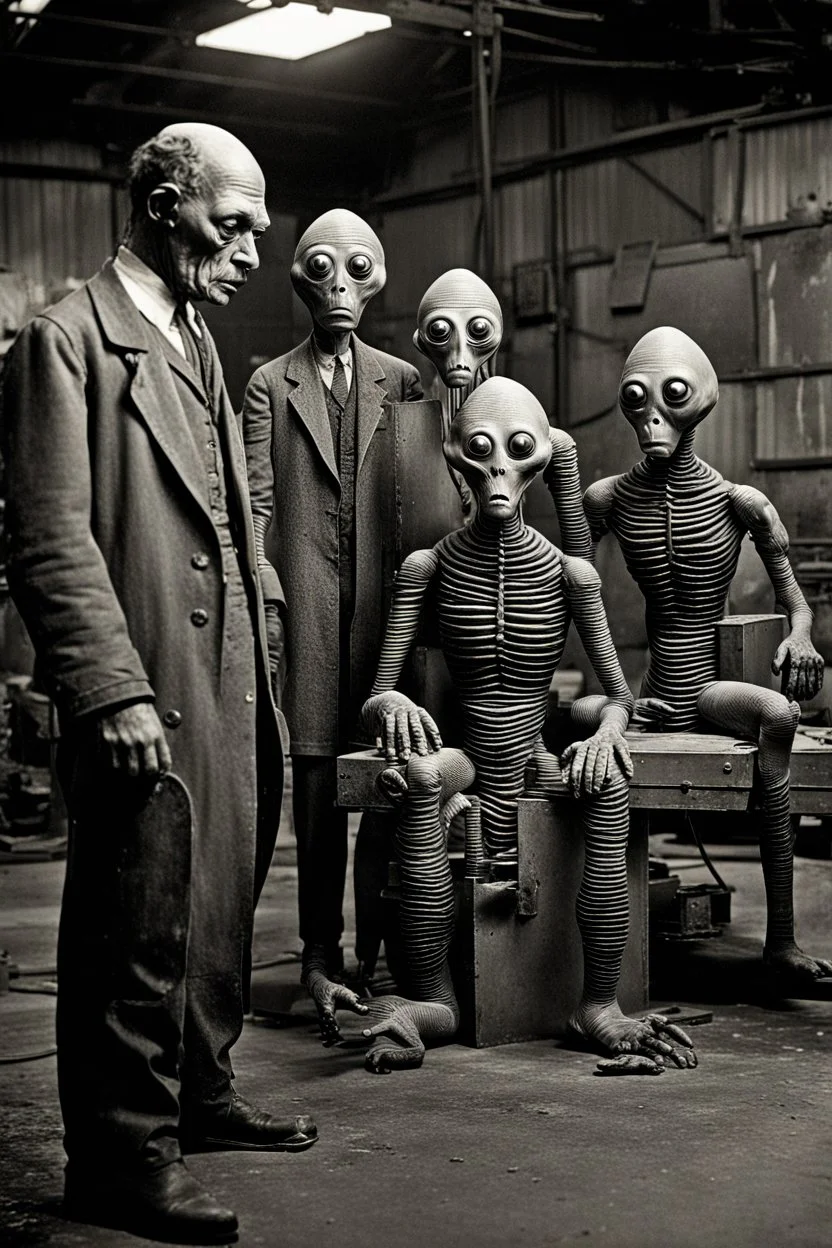 1900's black and white vintage photo, interior, working alien organ manufacturing factory warehouse, unhappy and angry,stange long grey alien human hybrid creature with a family that is sad, captured on square format film, grainy, aged