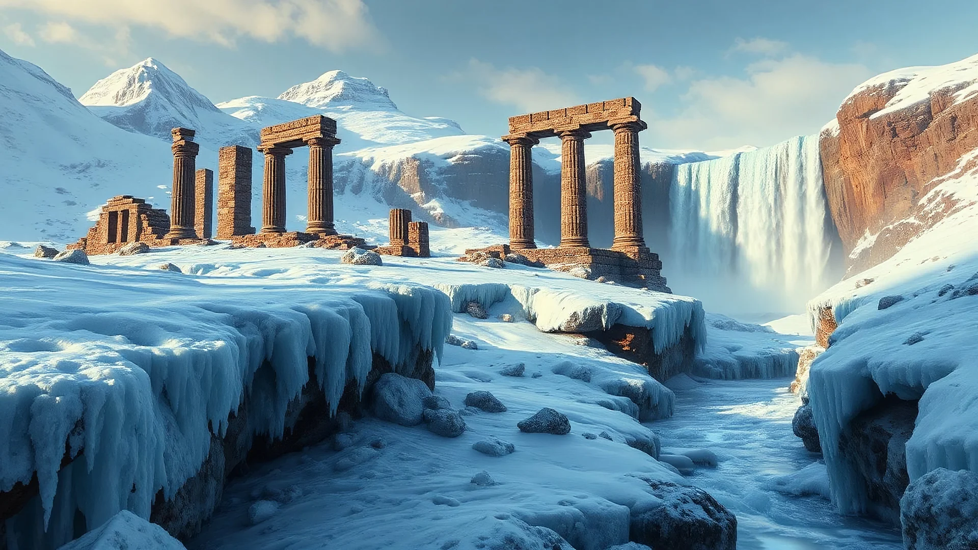 Hyper-realistic digital painting of an arctic landscape, with ancient ruins and waterfalls in the background, by Thomas Moran and Frederic Edwin Church. Detailed icy textures, intricate details of the ruins, contrast between the frozen landscape and flowing waterfalls. (Long shot), realistic lighting to enhance the cold atmosphere.