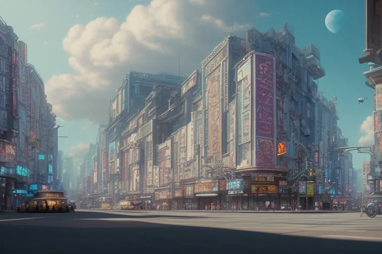 a highly detailed matte painting of buildings with billboards and neonsigns, crowded, by studio ghibli, makoto shinkai, by artgerm, by wlop, by greg rutkowski, octane render, volumetric lighting, volumetric clouds, global illumination, sss, hdr, uhd, 4k resolution, vivacity colors, trending on artstation, masterpiece