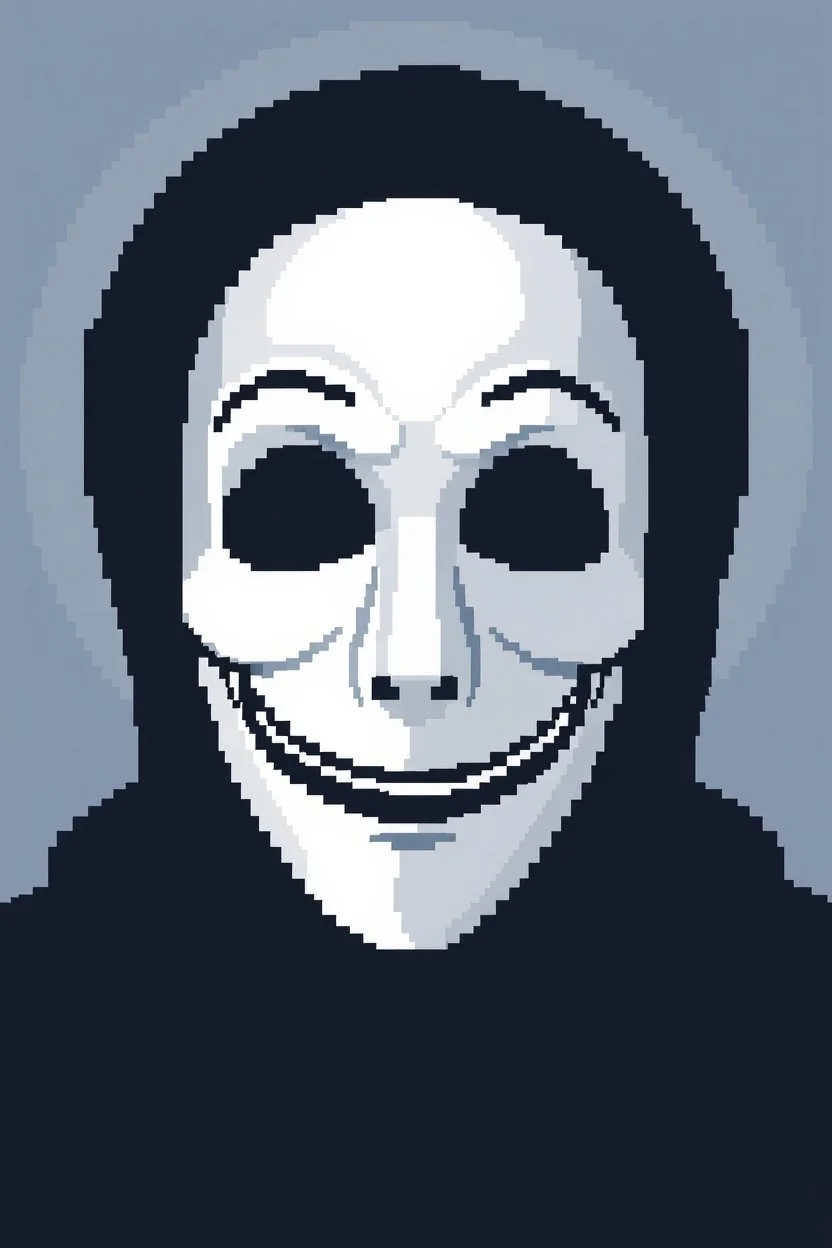 8 bit pixelart of a shadow figure with a white smooth wide smiling mask noseless opera mask, no nose holes, no nose