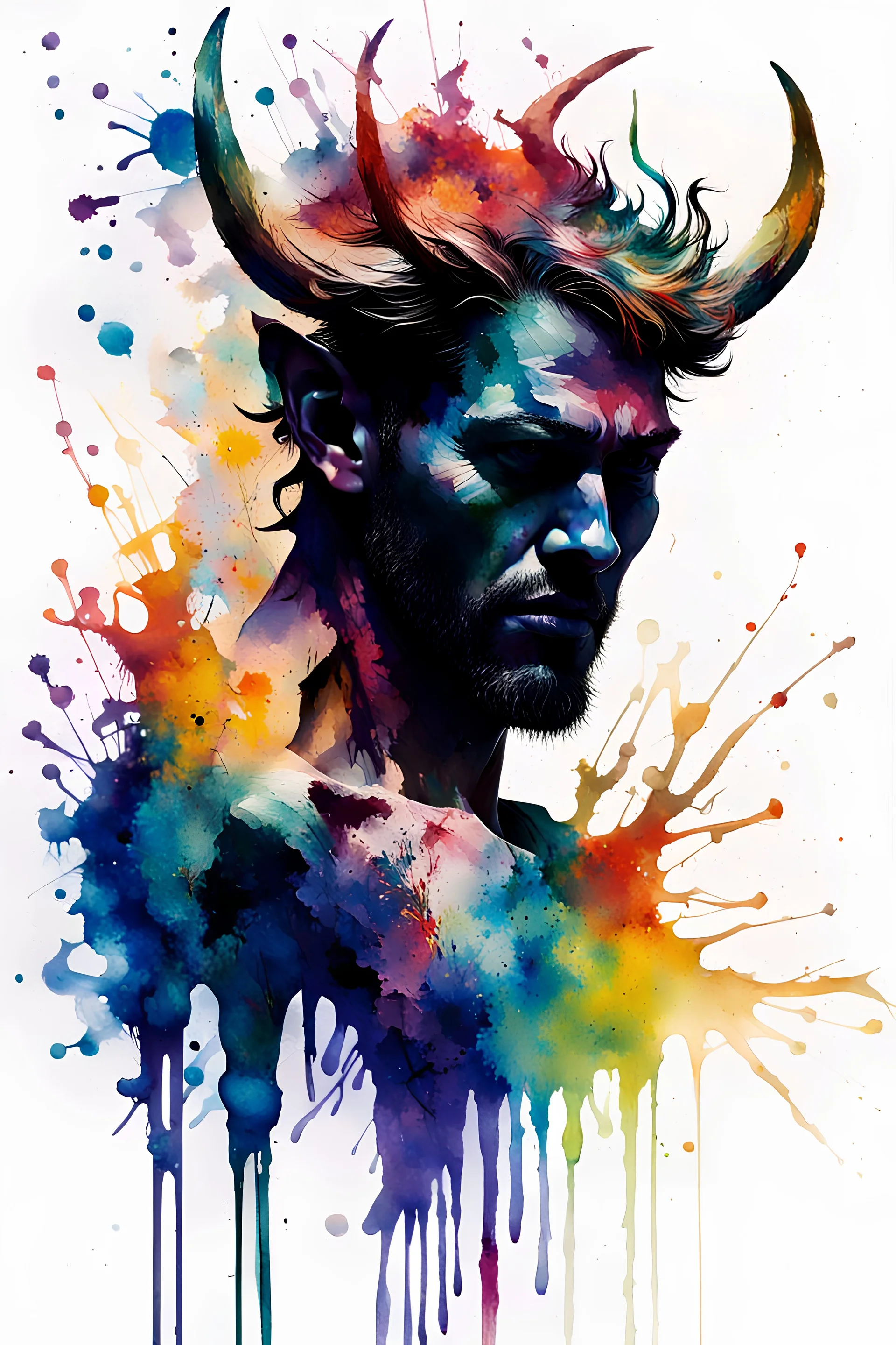 silhouette of a demon created from abstract multi-colored ink splatters, (((white background))), Carne Griffiths, Leonid Afremov, Watercolor, trending on artstation, sharp focus, studio photo, intricate details, highly detailed, by greg rutkowski