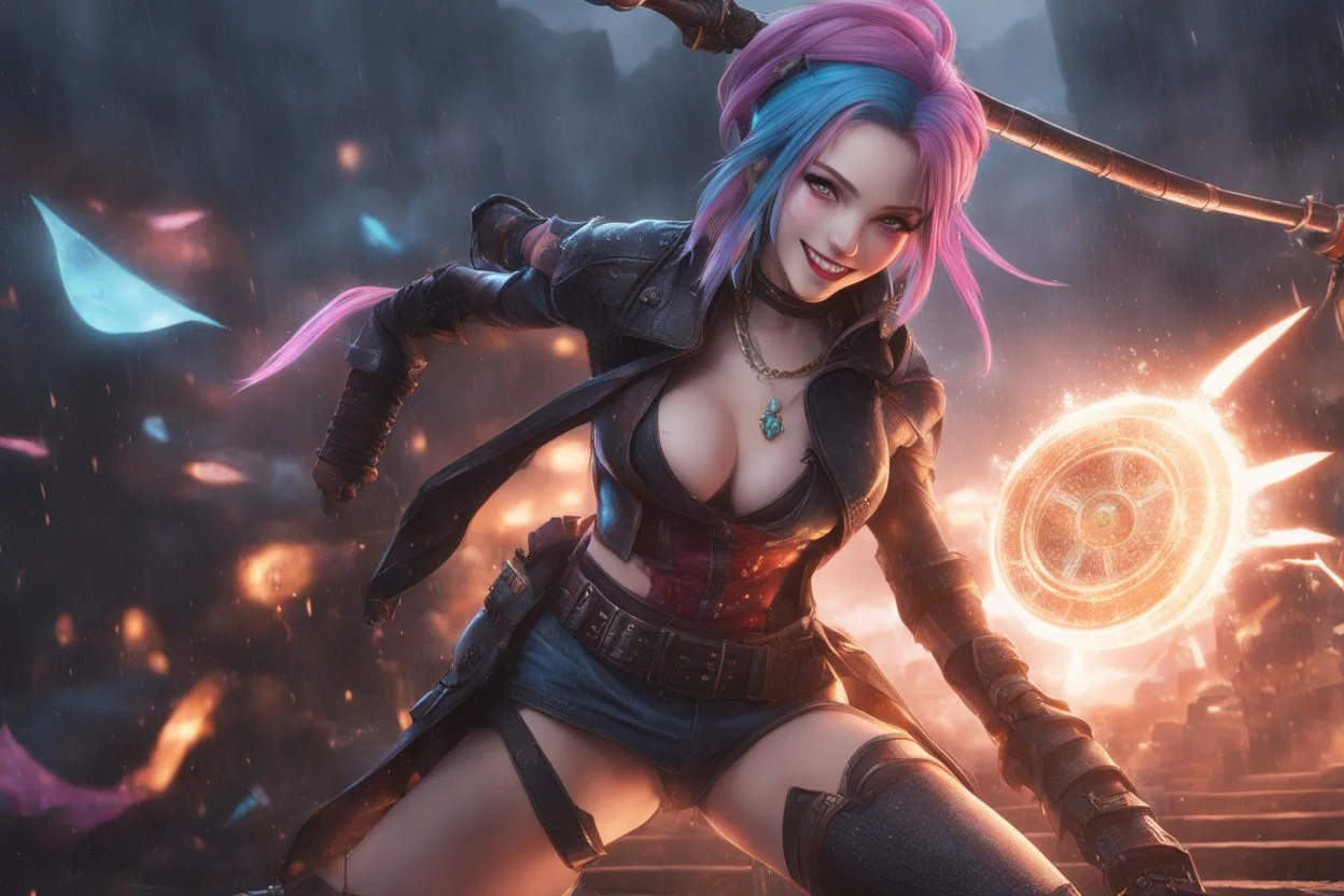 Jinx in 8k anime cgi artstyle, arcane them, crazy laugh, close picture, rain, apocalypse, intricate details, highly detailed, high details, detailed portrait, masterpiece,ultra detailed, ultra quality