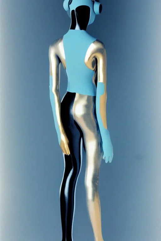 Lay figure woman with plastic milky, plank skin. Haute Couture 90's. Light from right. Silver, black, Cyan. Big AKG headphones. Golden rings and discs. Thick tights, Thick calves, Curved fell, Wide hip. Two torsos are growing from the long tippet of earlier torso. Torso fractals. Outer most head, blinking one eye. Post-apocalypse. anti-technology. Technological singularity. Fake smile, camera-eyes, cables, selfies, 3D-tiles background, cyber-punk full-mask. Absorbed artifacts. Limb-fusions.