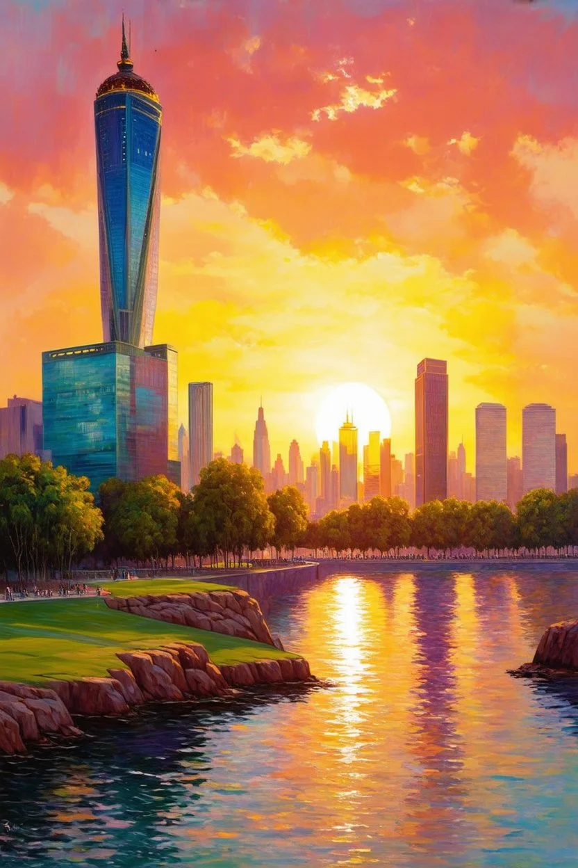 Amazing colorful sunset, buildings, lake, city, rocks, park, coast, cyberpunk, sci-fi, claude monet impressionism paintings