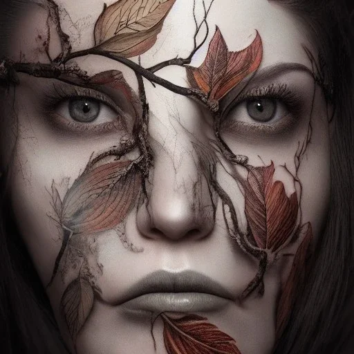 "full face tattoo of leaves and gnarled branches extending past face and morphing into reality, 8k resolution, high-quality, fine-detail, muted colors,intricate, digital art, detailed matte, volumetric lighting, illustration, octane render