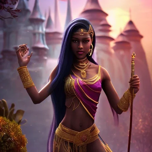 fantasy setting, woman, dark skin, Indian, 20 years old, magician, warrior, hourglass body shape, bicolor hair, muscular, cinematic, Arabian clothes, dark clothes, war clothes, insanely detailed, Arabian style, half-hawk haircut, medieval