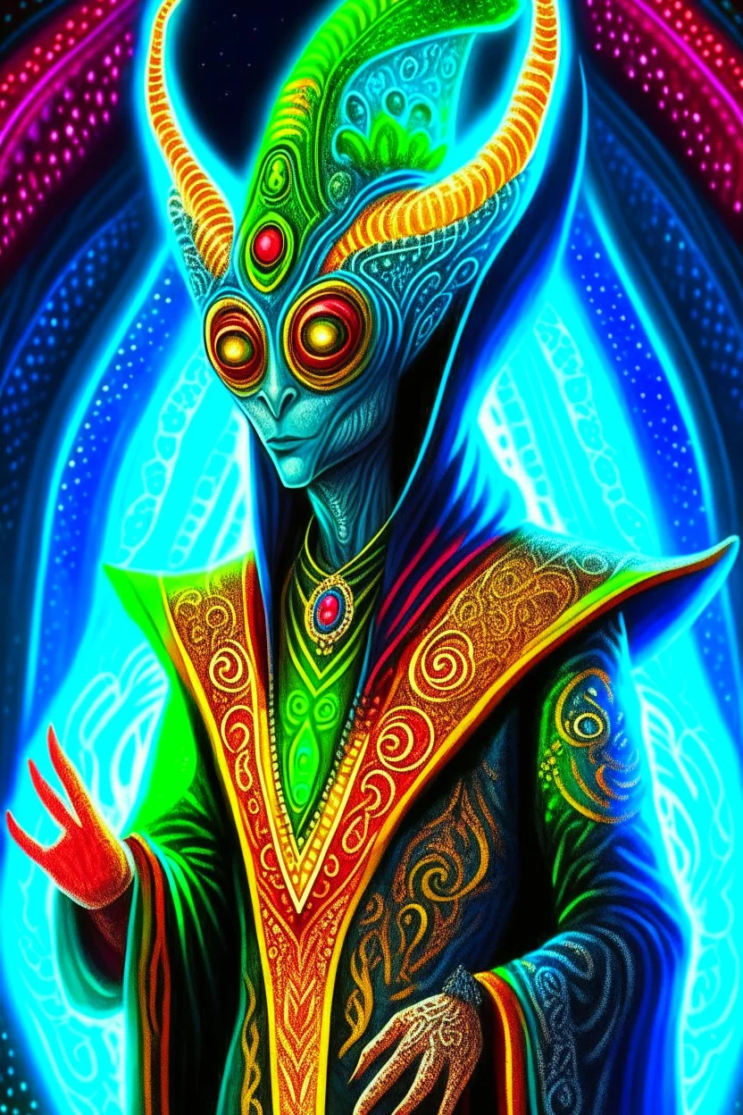 Un extraterrestre habillé avec un costume de carnaval de Venise, avec un masque , détaillé, peinture numérique, Artstation, Concept art, contraste fort, style futuriste, composition centrée.