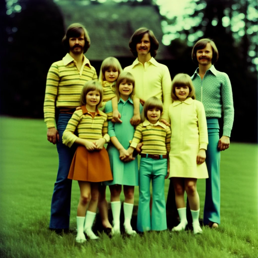 awkward family photo, all wearing the same type of clothes, 1970s