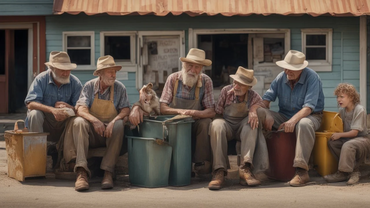 In a mesmerizing combination of brilliant and fading shades, photorealistic,an insanely detailed photographof a family gettogether of flimsy kentucky hill billy farmers in ragged overall and holed shoes, eating from a carbage bins outside a mcdonald restaurant 8k UHD