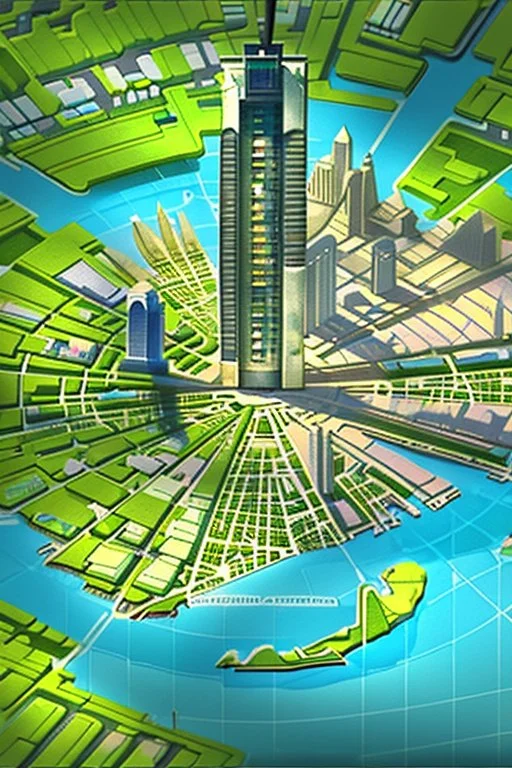 high detail map of an entire tropical dystopian small capital city