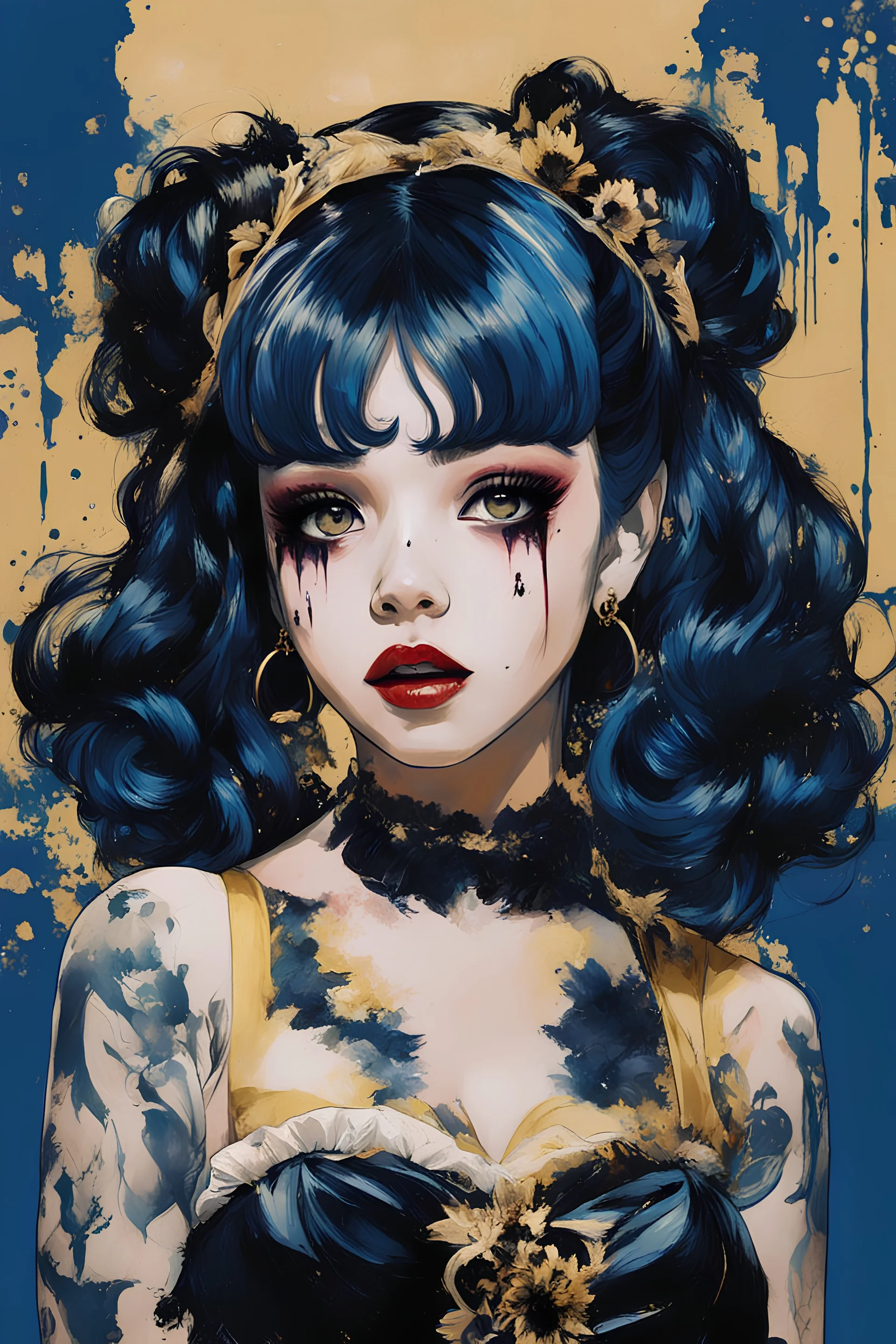 Poster in two gradually, a one side malevolent goth vampire girl face and other side the Singer Melanie Martinez face, painting by Yoji Shinkawa, darkblue and gold tones,