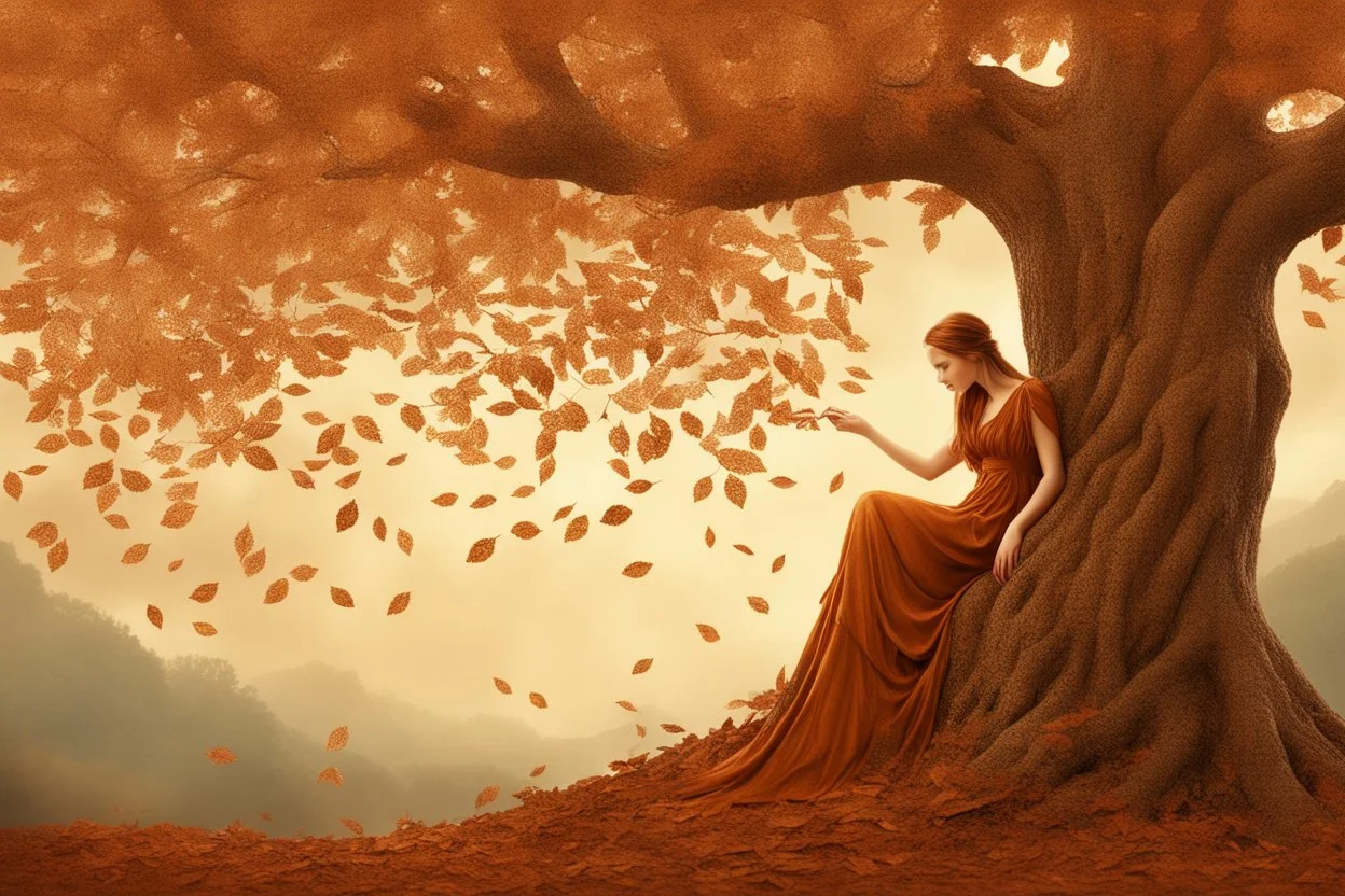 "Young woman covered in tiny copper leaves emerging from a tree, detailed matte painting, deep colour, fantastical, intricate detail