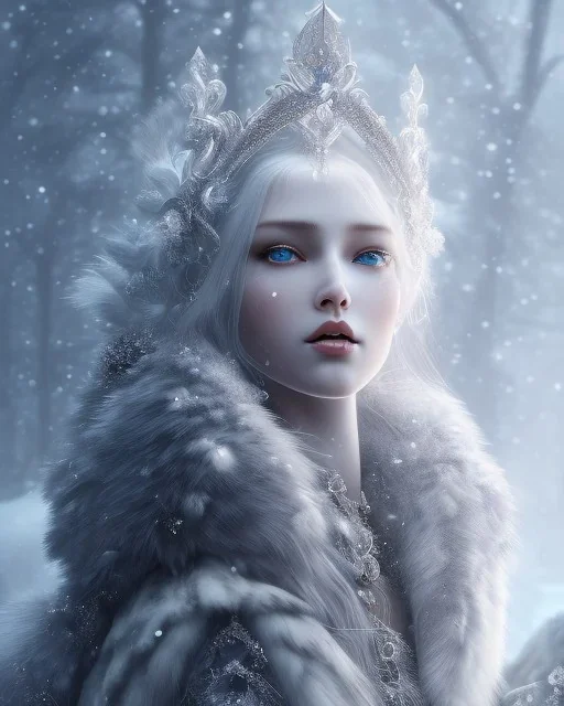 gorgeous goddess of winter wearing an elaborate ice crown and standing next to a beautiful gray wolf, 8k resolution, centered, high-quality, fine-detail, iridescent, intricate, digital art, detailed matte, volumetric lighting, beautiful, illustration, 3D octane render, margaret weiss, brian froud, howard lyon, selina french, anna dittmann, annie stokes, lisa parker, greg rutowski,