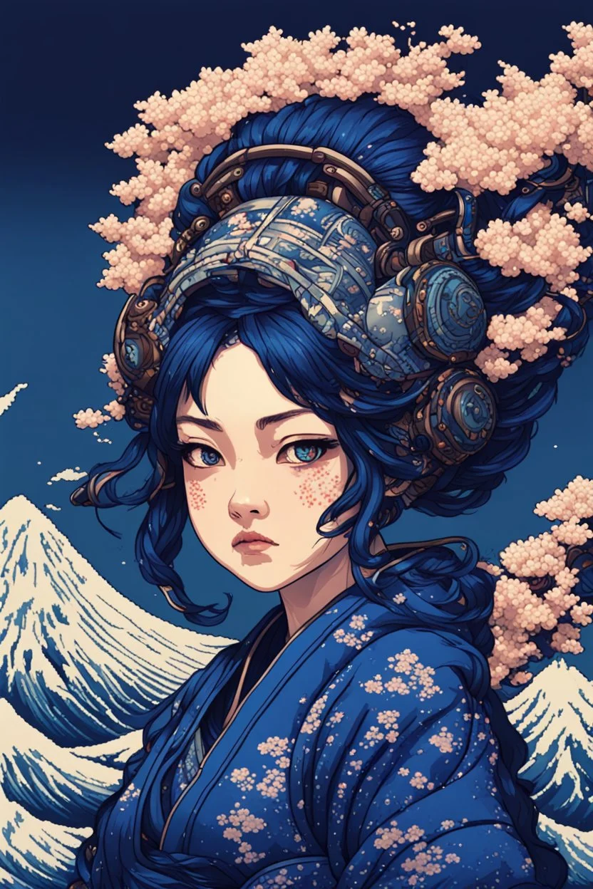 beautiful, cyberpunk, huge girl, petit girl, hyperdetailed, illustration by Katsushika Hokusai in 8bits, Pixel Art, darkblue tones,