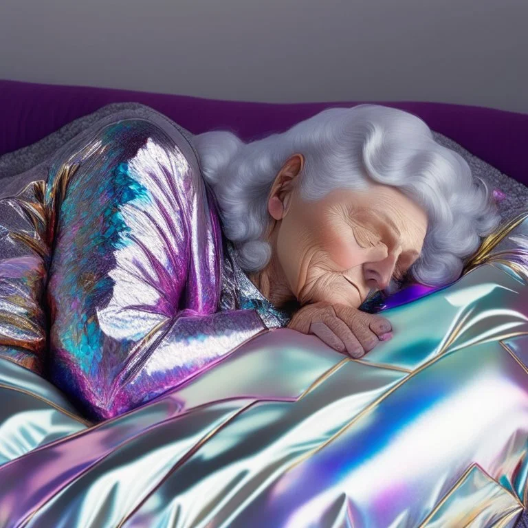 Margaret Tatcher sleeping in holographic foil