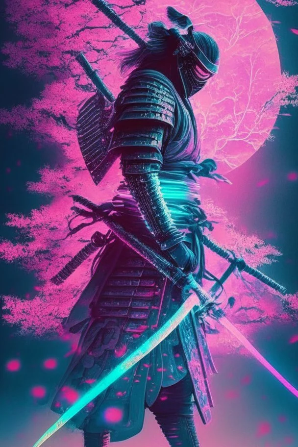 Mystical samurai emitting an aura with a long, neon sword emitting an aura