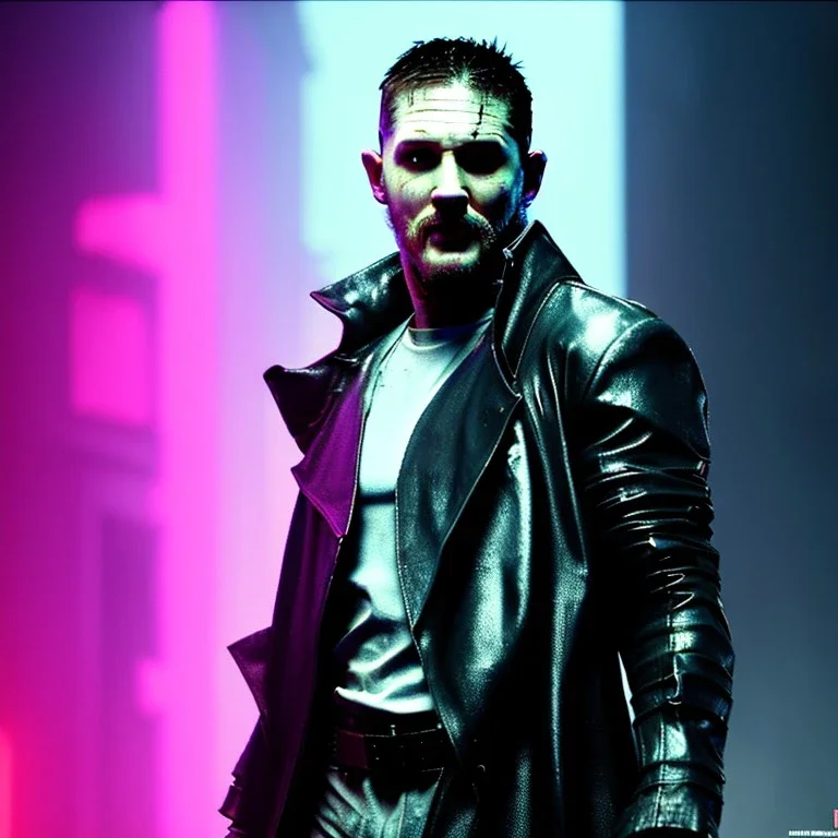 Actor, tom hardy, blade runner style, rain, fog, neon ambient, gradient color, clean skin, circuits, latex coat, cyber punk, neon, tubes, portrait, studio photo, unreal engine 5, smooth color, 16 bit, god lights, ray tracing, RTX, lumen lighting, ultra deatail, volumetric lighting, 3d, finely drawn, hd.