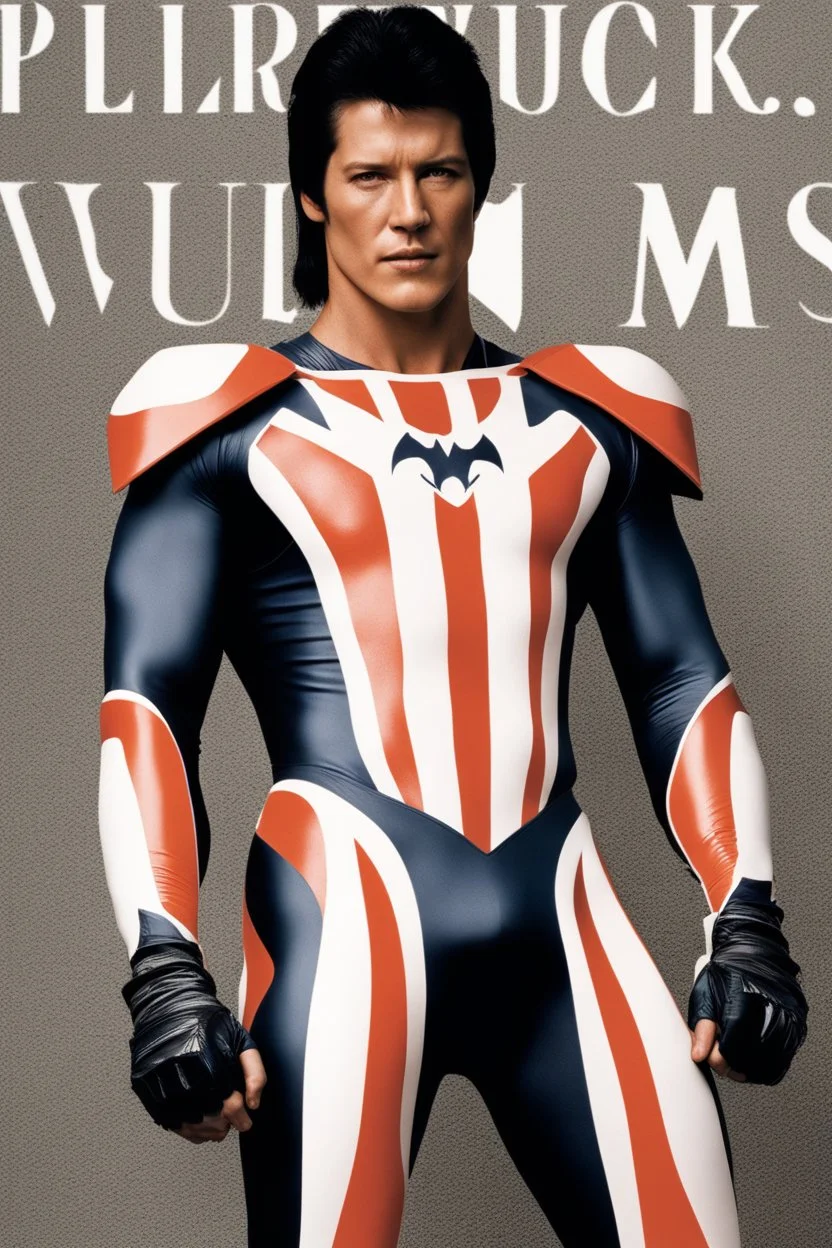 20-year-old girl, extremely muscular, short, buzz-cut, pitch black hair, Paul Stanley/Elvis Presley/Keanu Reeves/Pierce Brosnan/Jon Bernthal/Sean Bean/Dolph Lundgren/Patrick Swayze/ hybrid, as the extremely muscular Superhero "SUPERSONIC" in an original patriotic red, white and blue, "Supersonic" suit with an America Flag Cape,