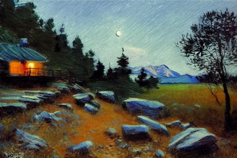 Night, moon, cabin, pathway, rocks, grass, trees, distant trees, distant mountains, lesser ury impressionism pianting