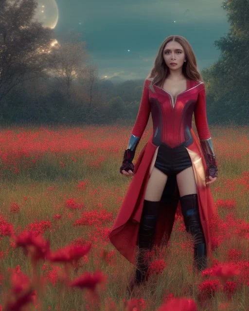 Feiticeira escarlate, Elizabeth Olsen, feiticeira, magia, rosto detalhado belo, bonita, cenário em um campo de flores, cinematográfico, dramático, por do sol, campo de flores, cores frias