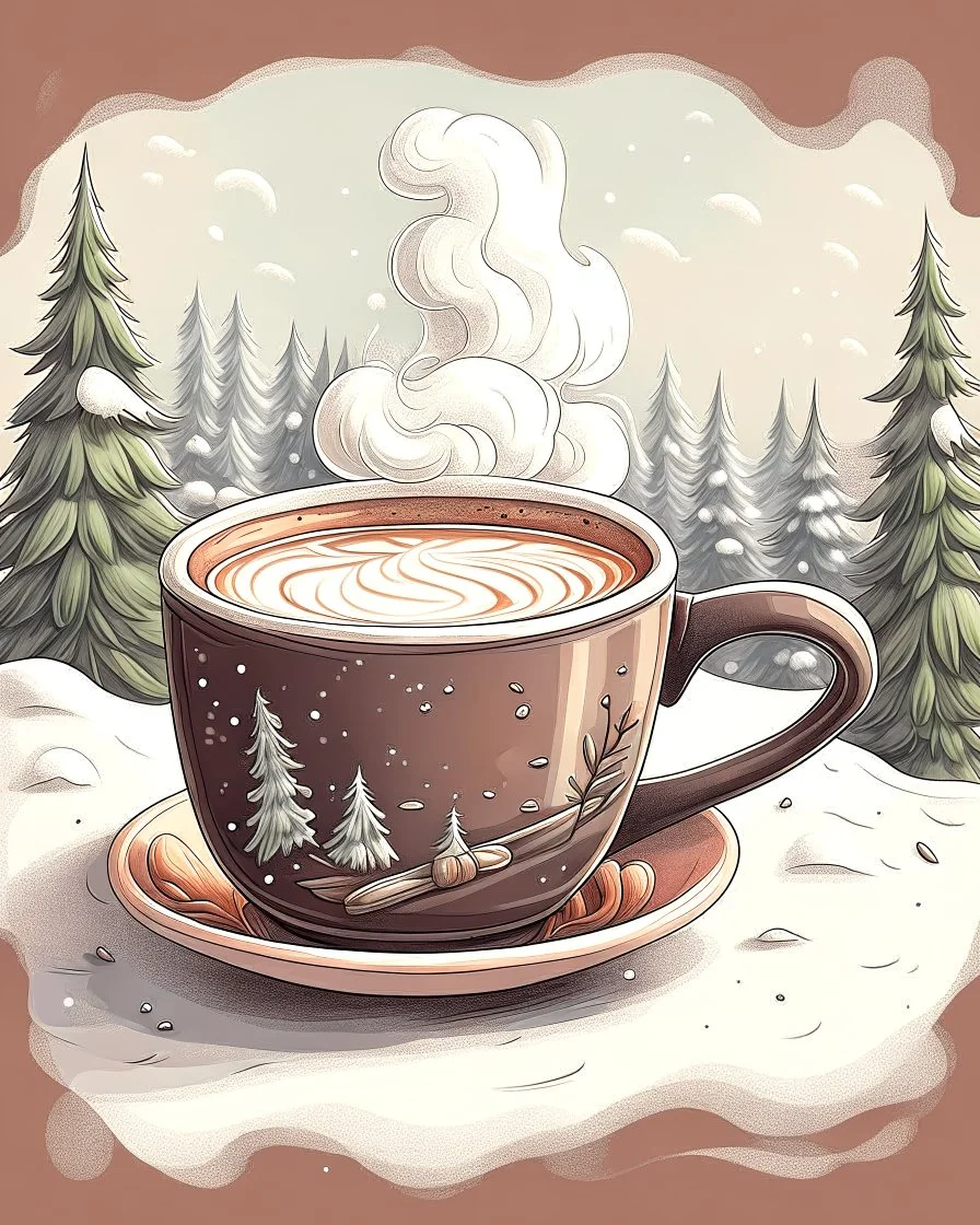 A steaming cup of hot cocoa on a snowy winter day, depicted in a cozy and whimsical illustration.