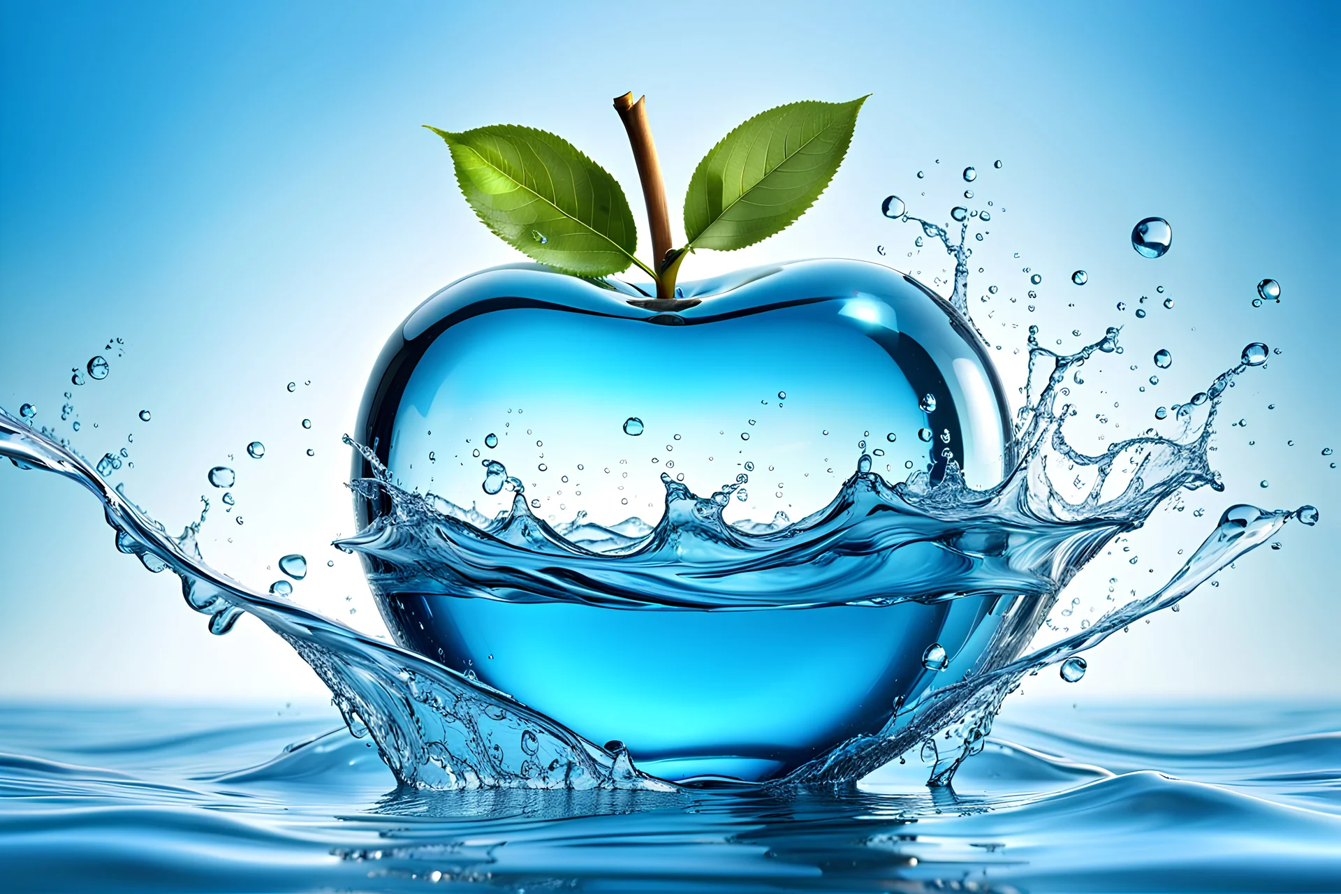 A perfect transparent glass apple, floating on the waves of a beautiful blue ocean, water splashing, crisp quality high definition realistic professional award winning digital art