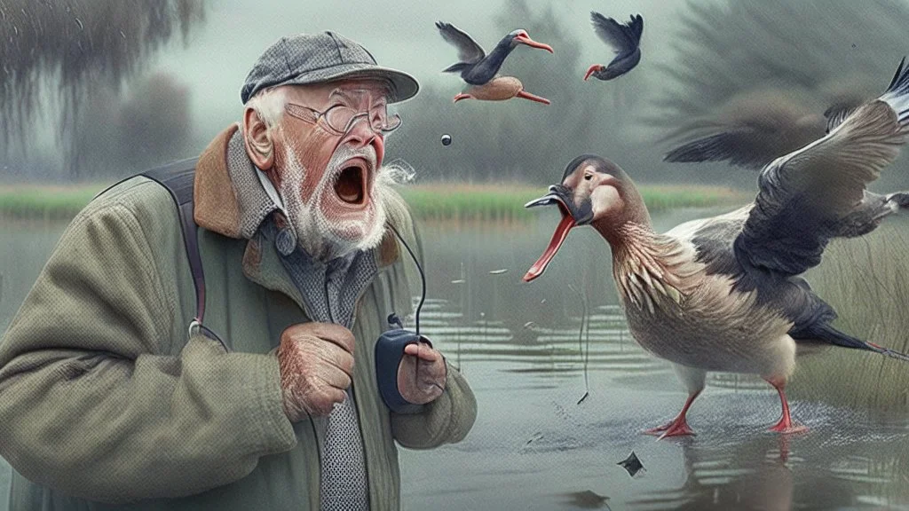 old man talks on phone while chasing ducks away, looking very confused