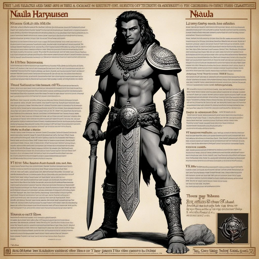 character concept sheet with AD&D statistics and characteristics, [high res photo by Ray Harryhausen for Mahābhārata module B3] a character of Pāṇḍavas class of King: Nakula — Son of the Aśvins (Twin Gods of Healing and Beauty) Epithets: Ashvineya, Madreya (son of Madri) Qualities: Known for beauty, grace, and skill in horse-keeping. Embodies refinement, modesty, and loyalty. Also skilled in swordsmanship. Symbolic trait: The ideal of harmony and aesthetic balance. Weapon: Sword. Special gift: I