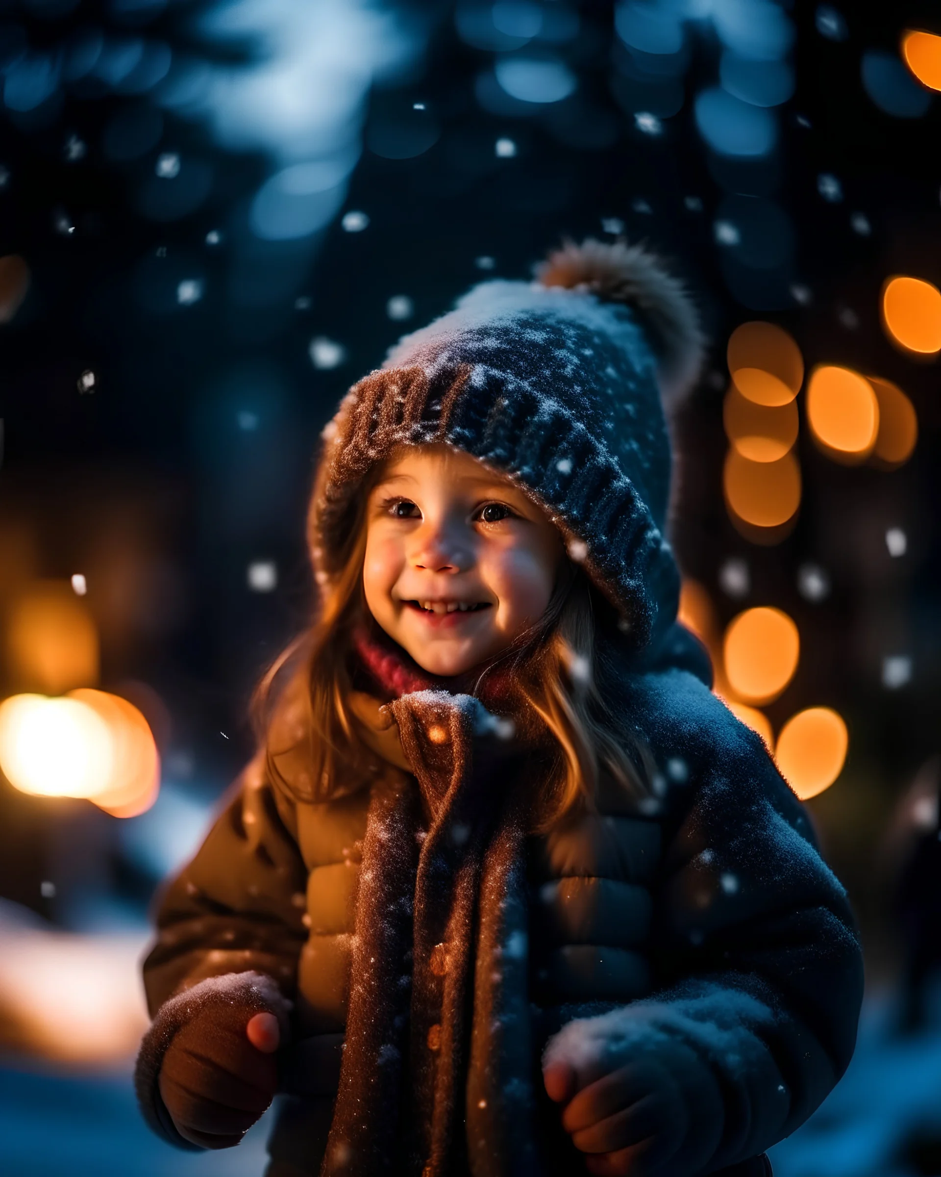 Little girl with christmas lights enjoying the holidays outdoors in snowfall. Happy cute child girl playing with Chistmas festive lights. digital ai