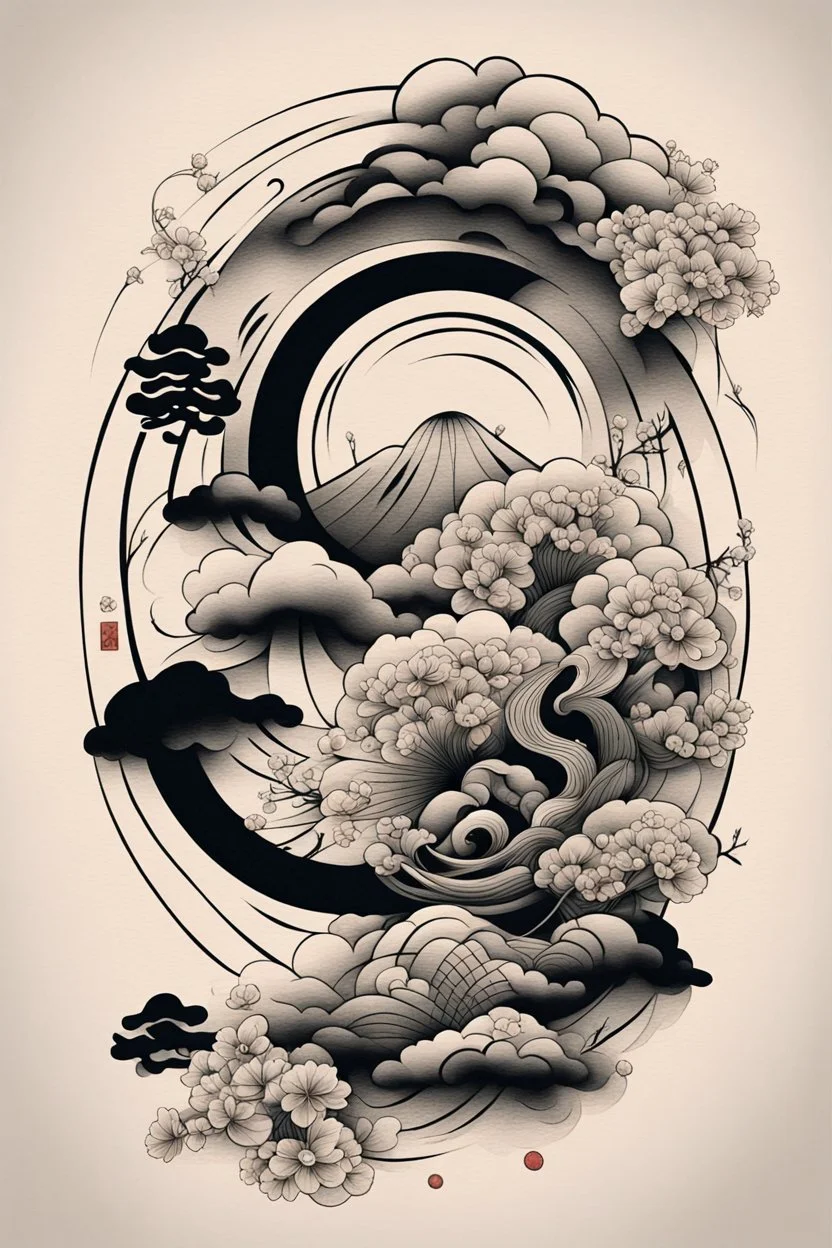 Create a captivating modern 2d Japanese tattoo design for print , using the elegant influences of japan art style, for print, dynamic elements from fashion and design, and bold Japanese art aesthetics, framing centered in the center, distanced from the edges of the paper perimeter, perfect anatomy, bauhaus, Divine Proportion,