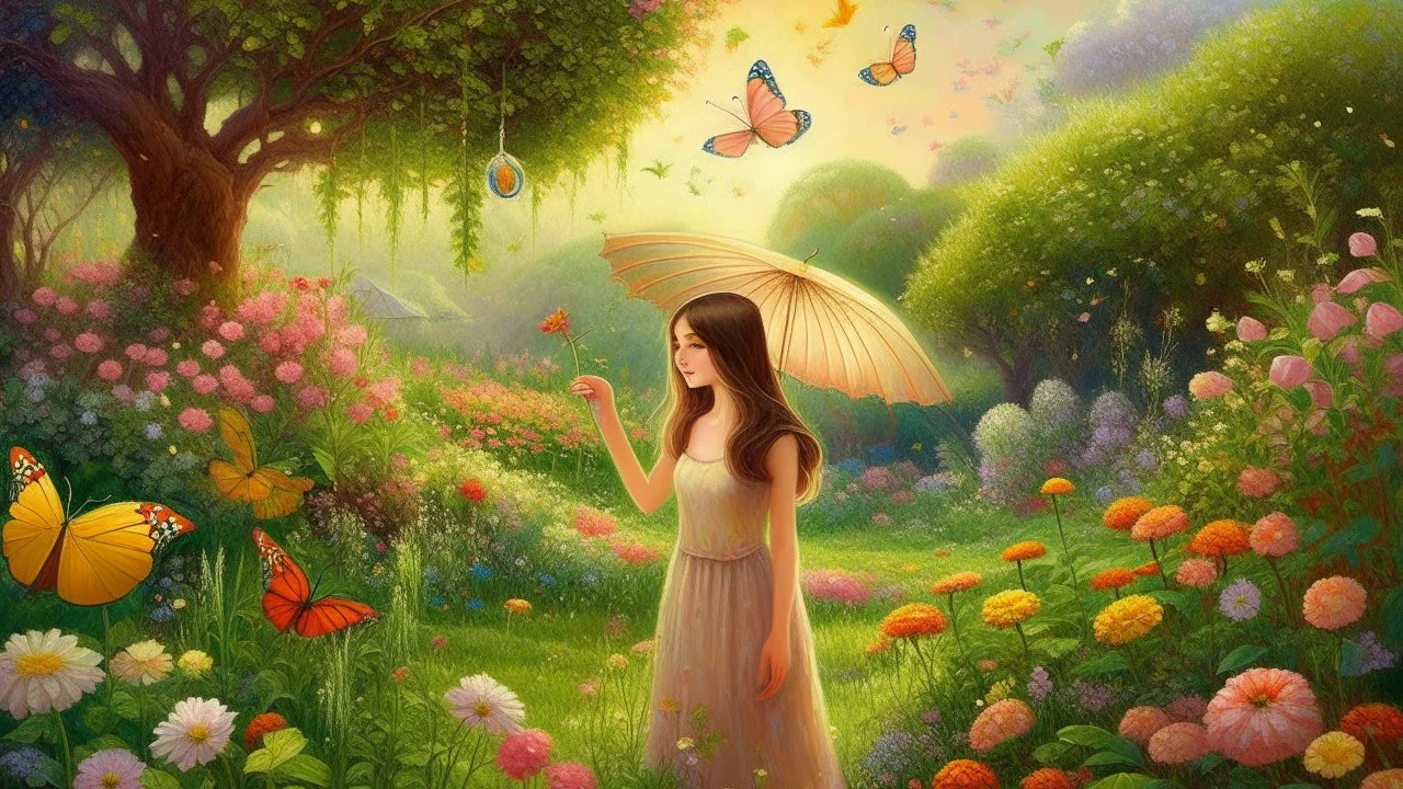 A mystical summer haven in spring: A fair-skinned European woman tends to a garden of blooming flowers, butterflies fluttering, soft rain falling.
