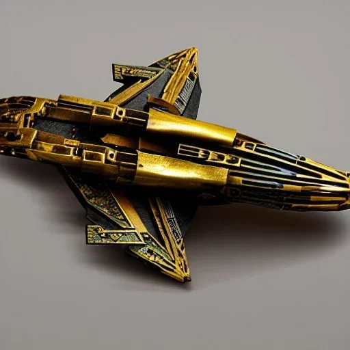 battle-damaged ornate starship made of brass, in space