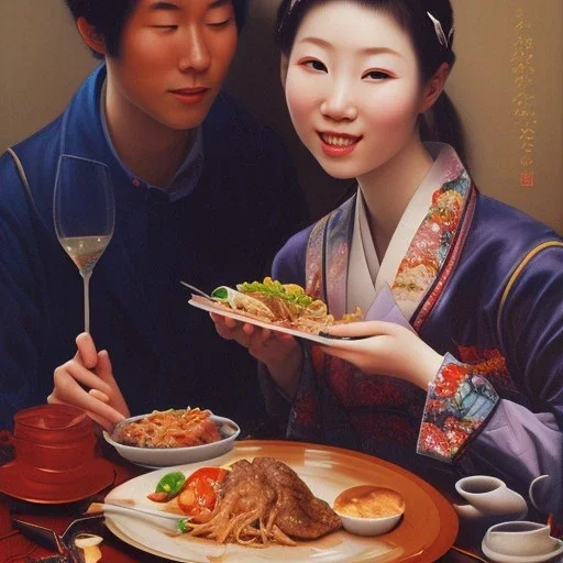 A happy japanese girl eating a meal with her lover who is having an erection