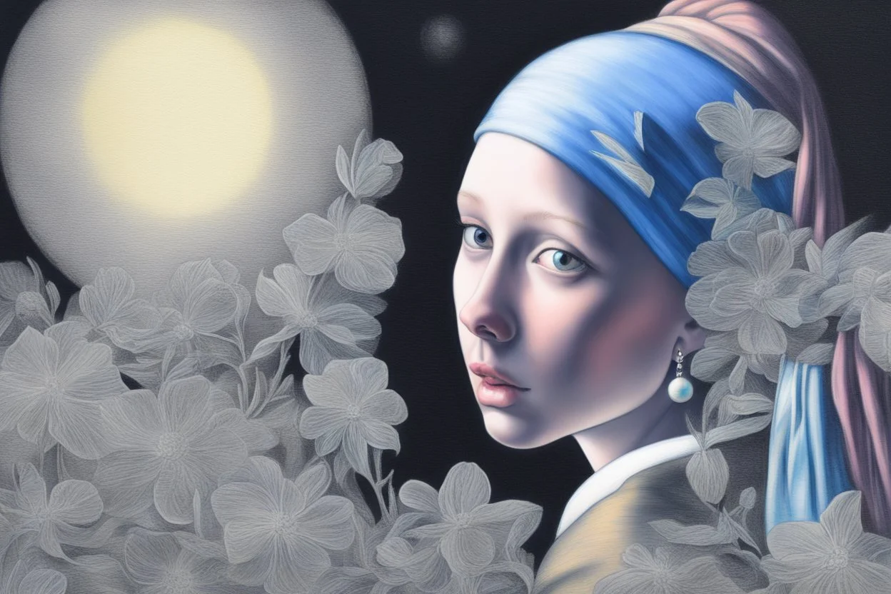 flower cut, girl with pearl earring S<AI in moonlight, shaded pastel and charcoal drawing, bioluminescent, holographic